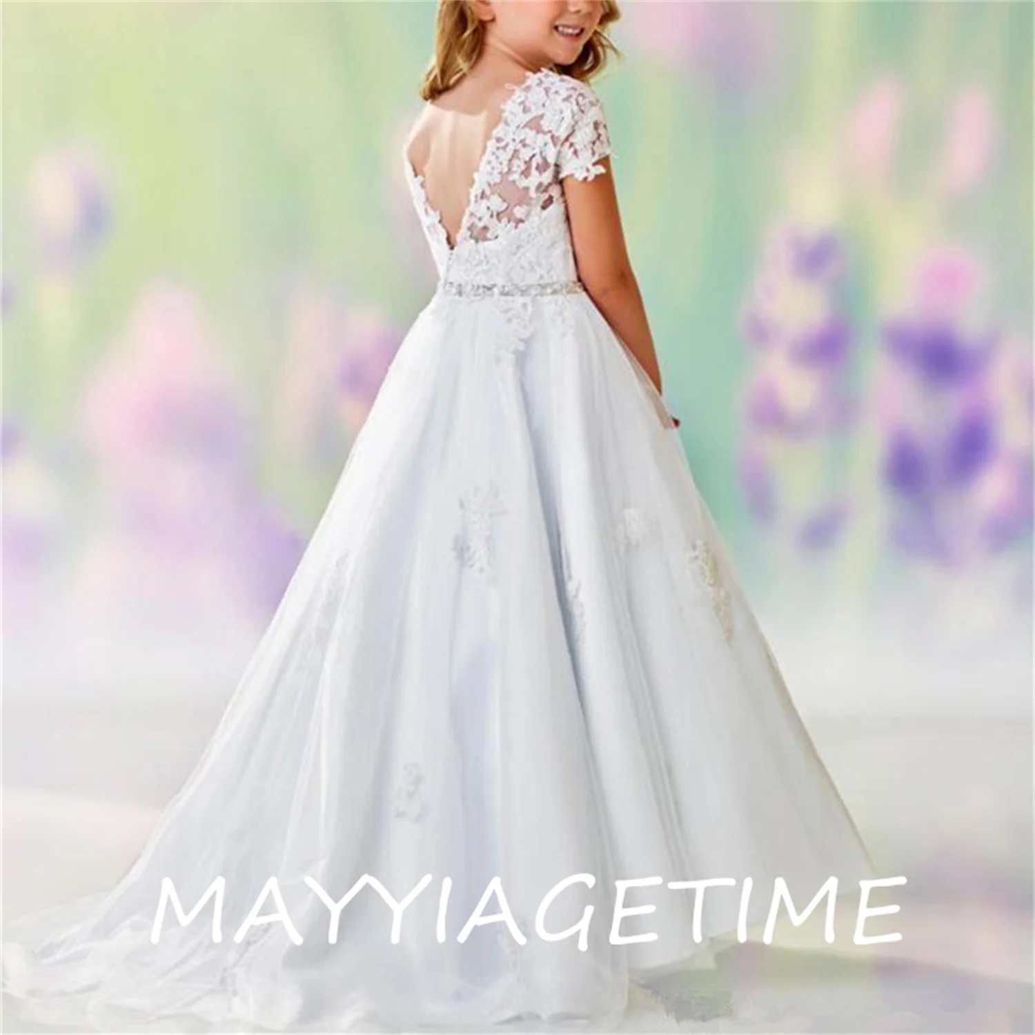 

A-line Appliques Lace Cap Sleeve Flower Girl Dresses Beaded Waistline First Communion Dress Tulle Children Wedding Party Gowns