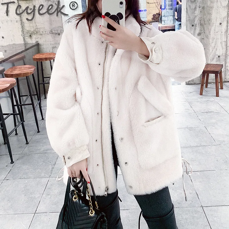 Tcyeek-Manteau en peau de mouton mi-long pour femme, veste 100% laine, fourrure, mode, hiver, nouveau, 2024