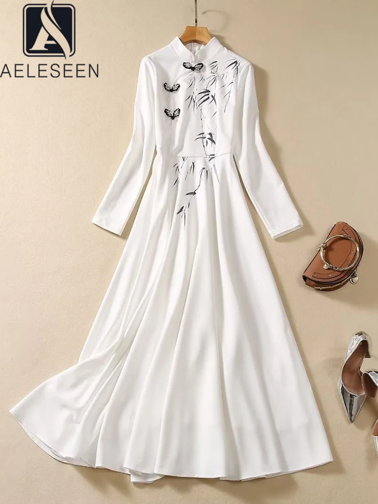 

AELESEEN White Long Elegant Dress Design Fashion Crystal Button Stand Collar Ink Bamboo Print Design Holiday Party