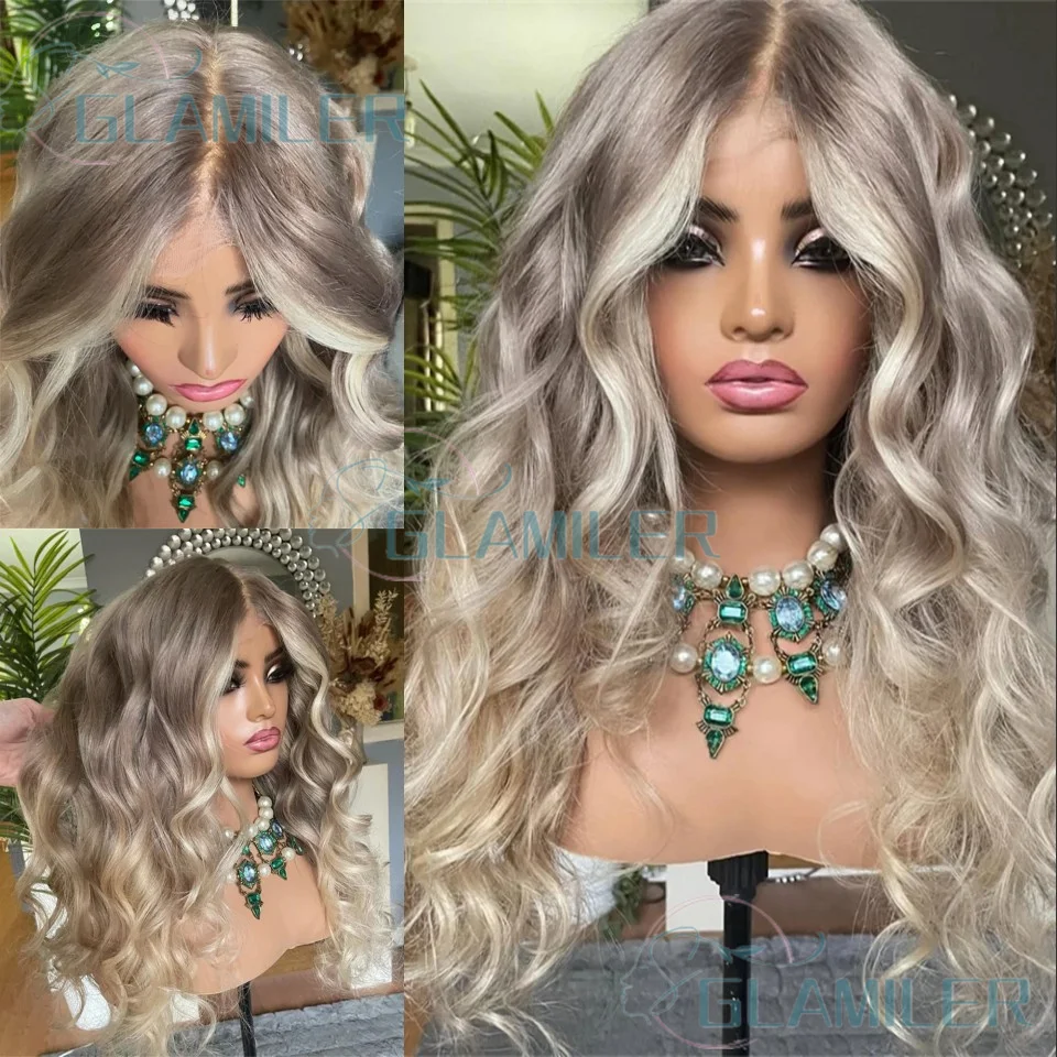 

13x4 кружевные парики, бесклеевые человеческие волосы, пепельно-русый, мелирование тела, волнистые, бразильские, полные кружевные парики с натуральной линией волос, отбеленные узлы