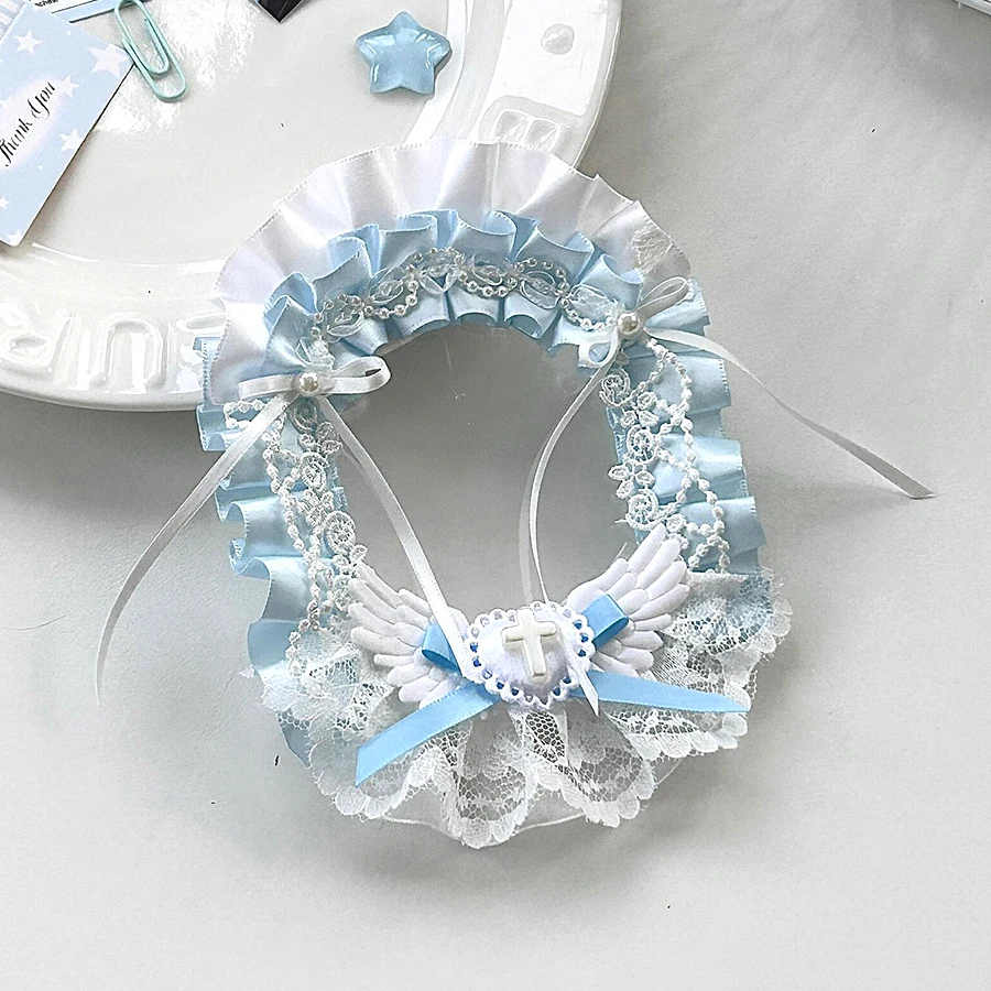 Handmade Lolita Photocard Holder, Blue‑White Tone, Satin Ruffle Lace Angel‑Wing Bow Decor, Clear PVC View Window, 3‑Inch Card Sleeve, Collectible Photo Card Display, Surface Protection For Inner Card Inserts