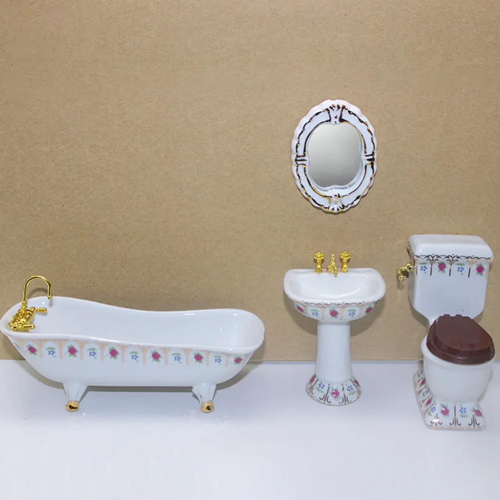 4Pcs Miniature Porcelain Bathroom Set Ceramic Toilet Bathtub Mirror Mini House Furniture Accessory Mini Home Decor