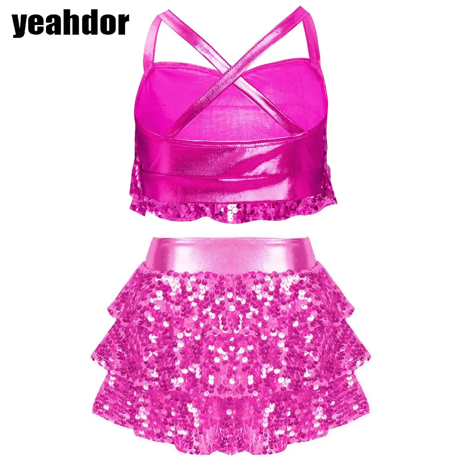 

Girls Jazz Dance Outfit Glitter Sequin Metallic Crop Top with Tiered Culottes Skirted Shorts Cheerleading Performance Costumes
