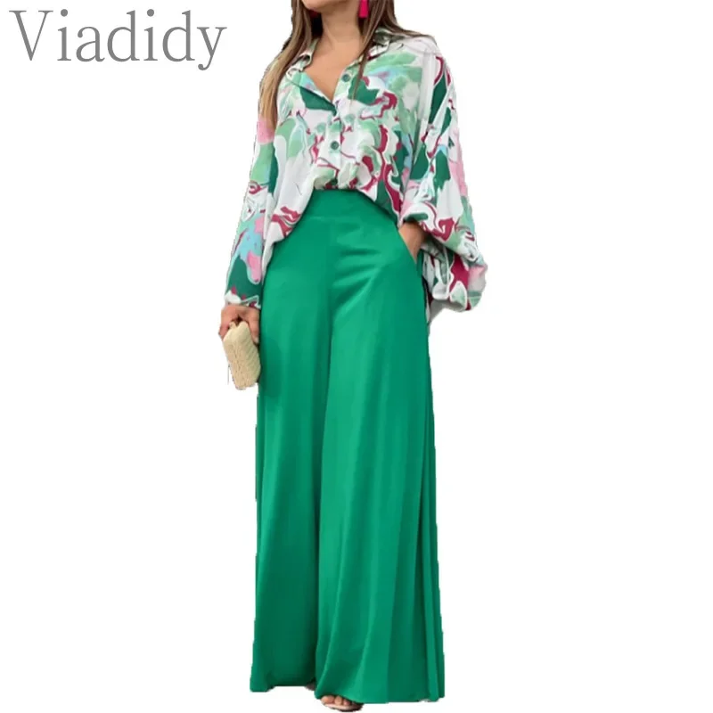 Damska elegancka bluzka z nadrukiem w kształcie skrzydła nietoperza i spodnie z szerokimi nogawkami z wysokim stanem, 2 szt. Zestaw