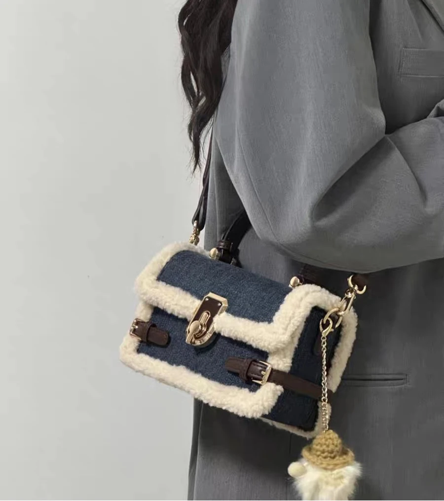 Opulent Imitation Wool Cotton Suede Big Capacity Flap Clutch Handbag Purse Women\'s Bag