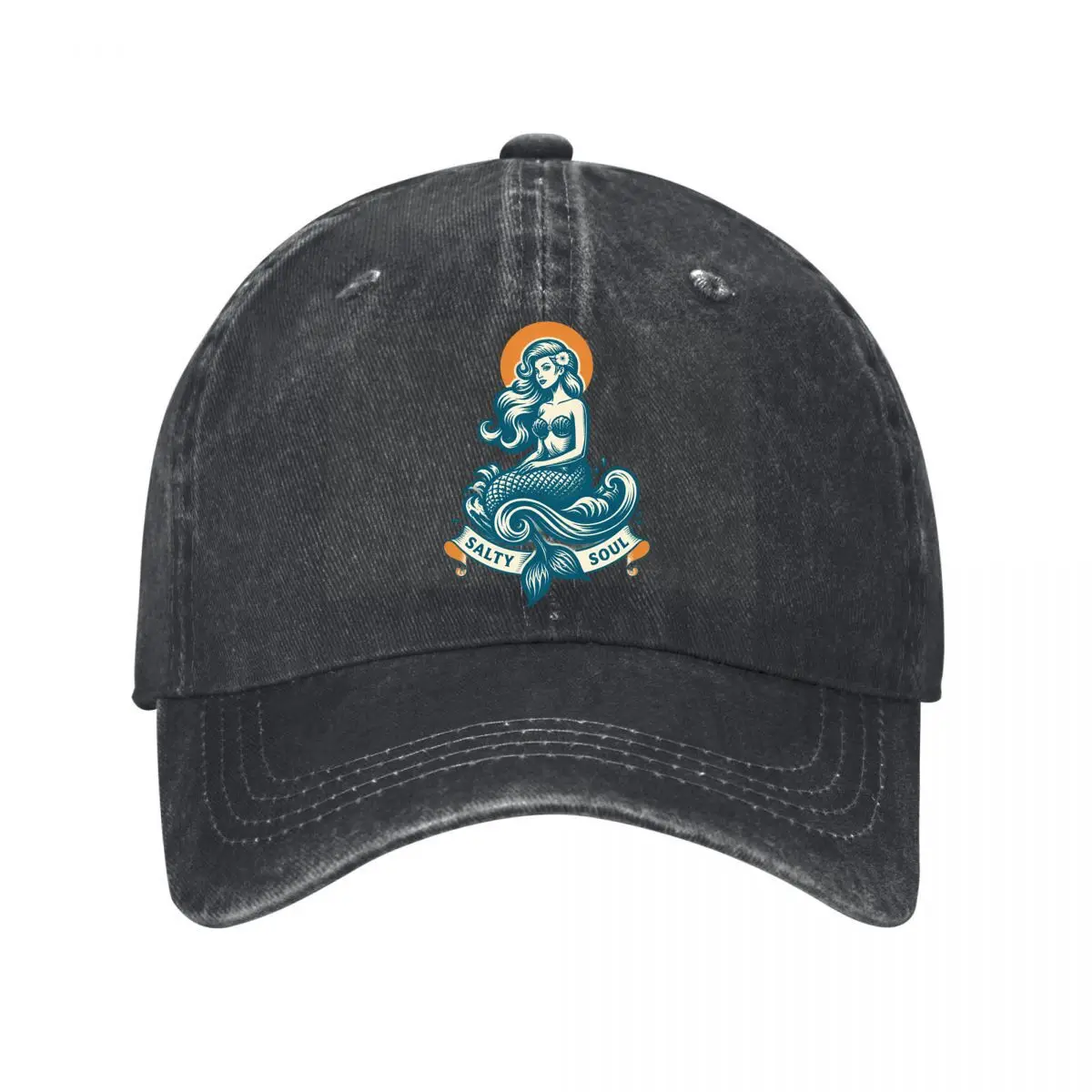 Salty Soul Mermaid Ocean Waves Graphic Washed Baseball Cap Outdoor Hat