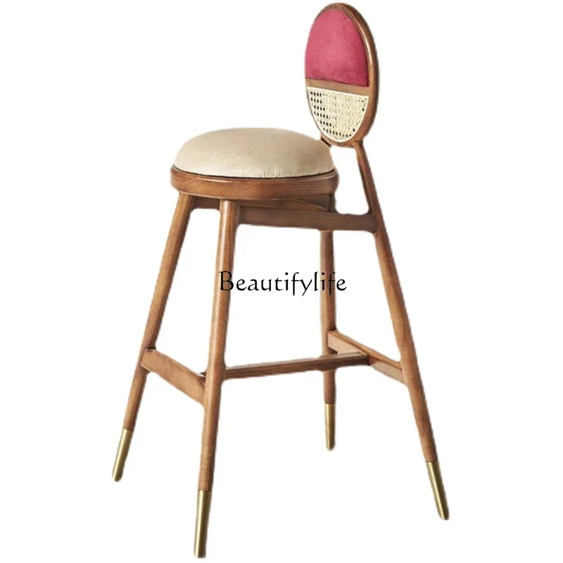 

Nordic solid wood rattan retro bar chair creative backrest designer light luxury leisure high chair