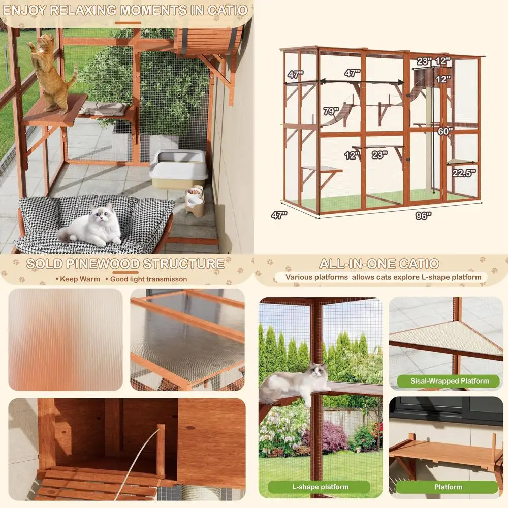 

Spacious Wooden Walk-in Catio for Multiple Cats with 4 Bridges, Clear PVC Roof, and Sisal Scratching Posts (Orange)