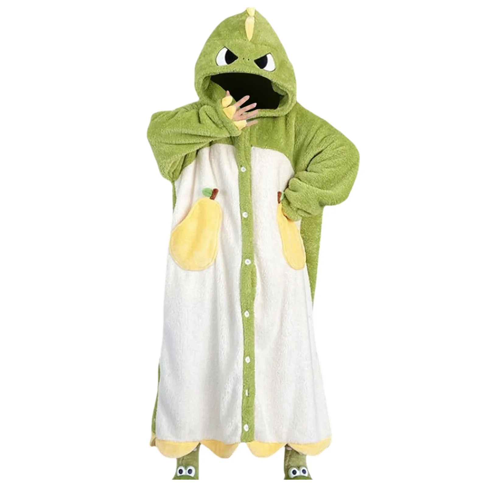 2024 Winter Pajamas For Women Cartoon Dinosaur Hooded Long Robe Cute Home Wear Sleepwear Thick Flannel Comfy Lounge Bathrobe