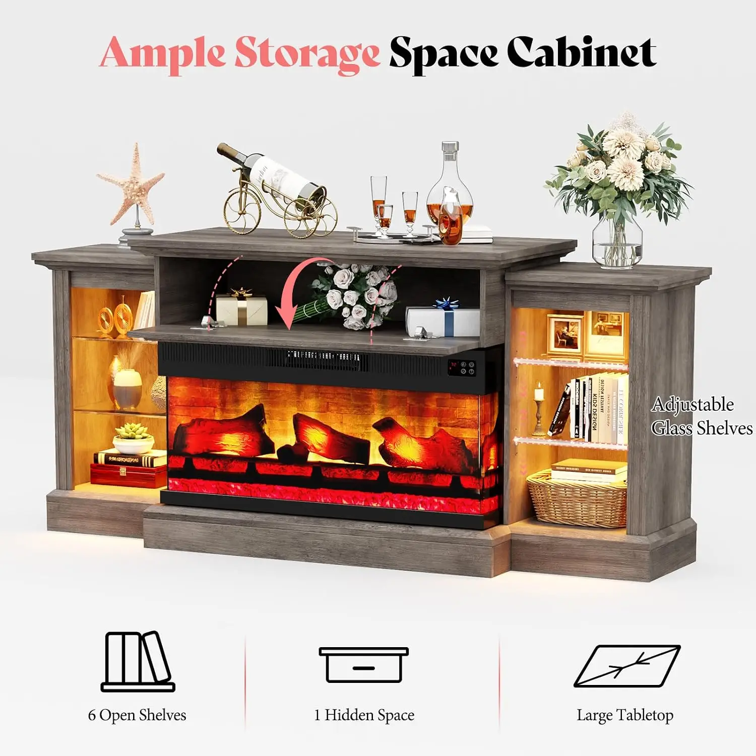 Farmhouse Fireplace TV Stand with Electric Fireplace Cabinet Mantel for 65