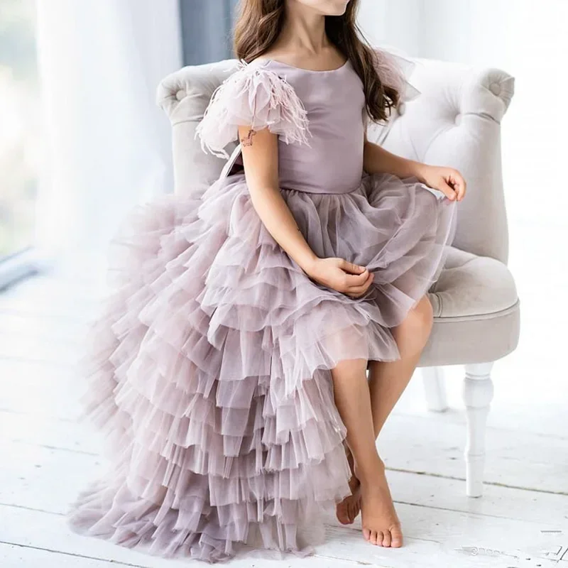 Vestido de flores para niña, vestido de baile de princesa asimétrica exquisita con cuello redondo para boda, primera comunión, dama de honor, cumpleaños