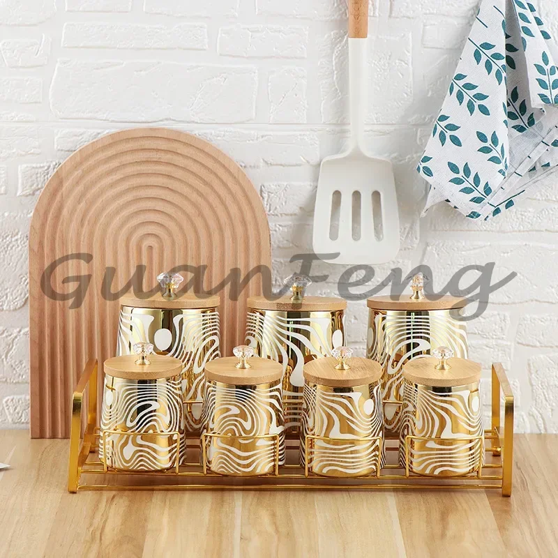 7-Color Glazed Ceramic Canister Set with Stainless Steel Stand, Kitchen Storage Jars for Tea, Coffee & Sugar