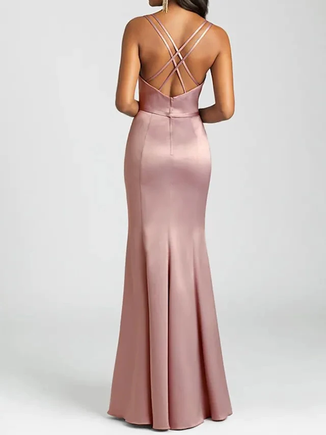 Long Mermaid Pink Evening Dress V Neck Spaghetti Sleeveless Elegant Floor Length Satin Prom Dress with Pleats for Women