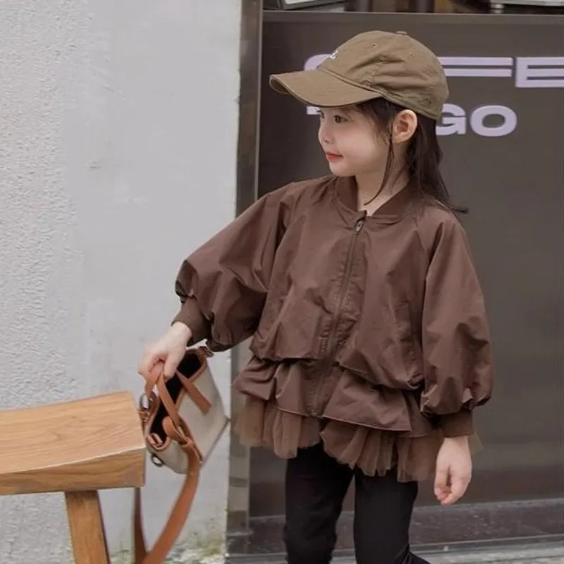 

Girls Coat 2025 Autumn Spring Korean Style Fashion Trendy Versatile Brown Solid Color Patchwork Mesh Jacket Coats