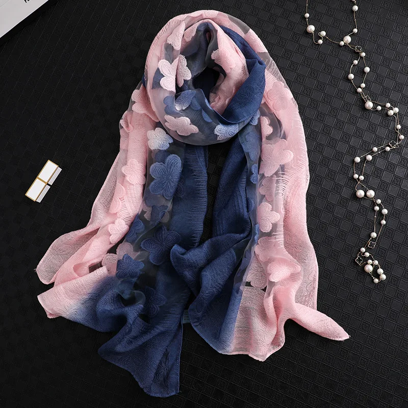 NEW Fashion Women Cut Flowers Hollow Lace Gradient Flower Silk Scarf Spring Shawls and Wraps Towel Femme Beach Sjaals