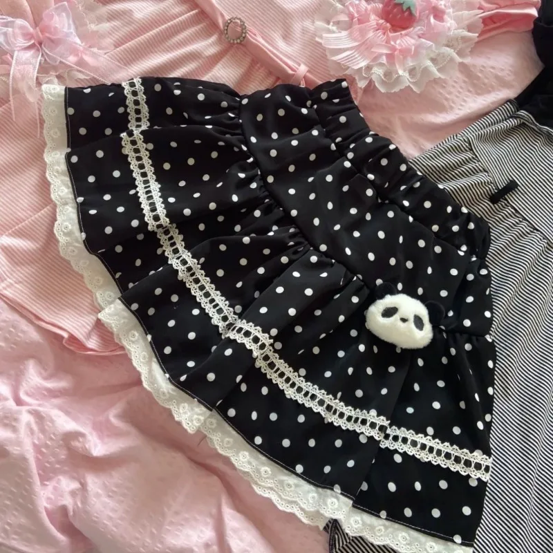 Japanese College Black Polka Dot Skirt Cake Sweet and Cute Age Reducing Polka Dot Lace Skirt