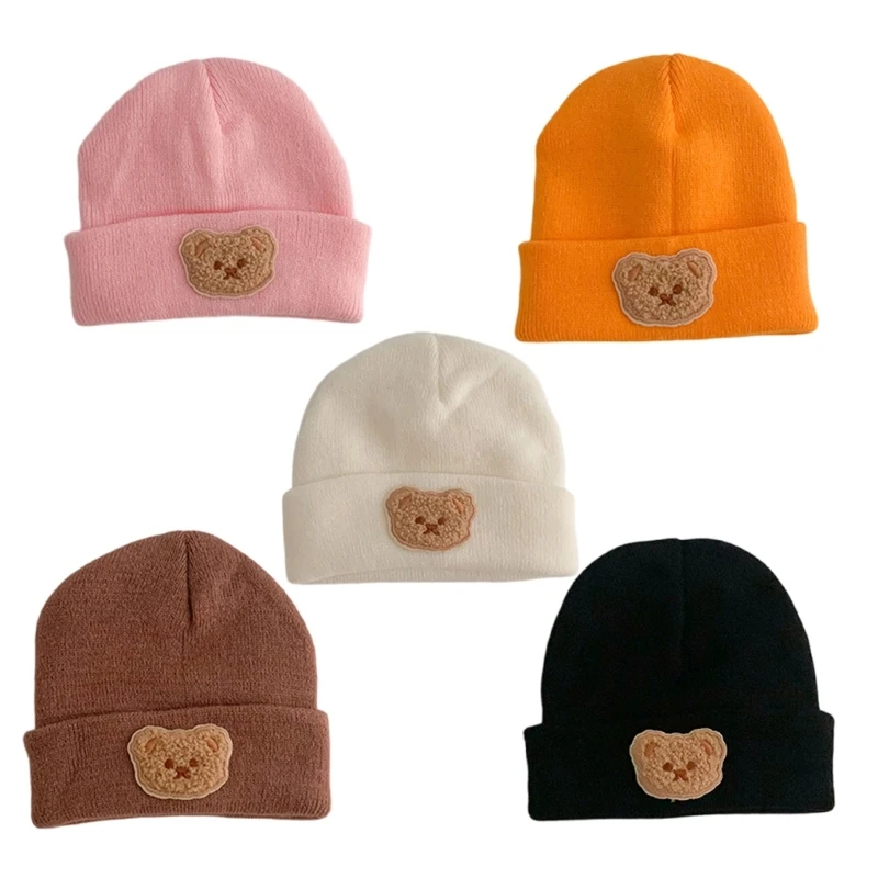 Baby Hat Autumn Winter Cartoon Bear Knitted Warm Bonnet Caps Solid Color Breathable Headgwear for 3 Month to 2 Year