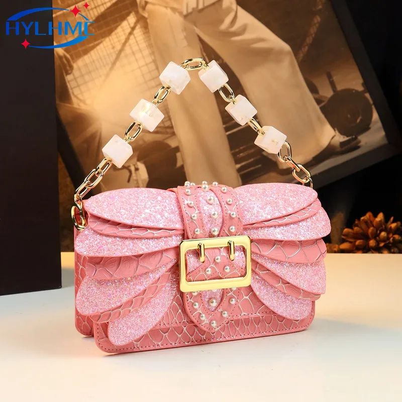 

2024 New Pearl Rivet Wings Women Bag Genuine Leather Fashion Chain Handbags Small Square Shoulder Messenger Bags Design Luxury