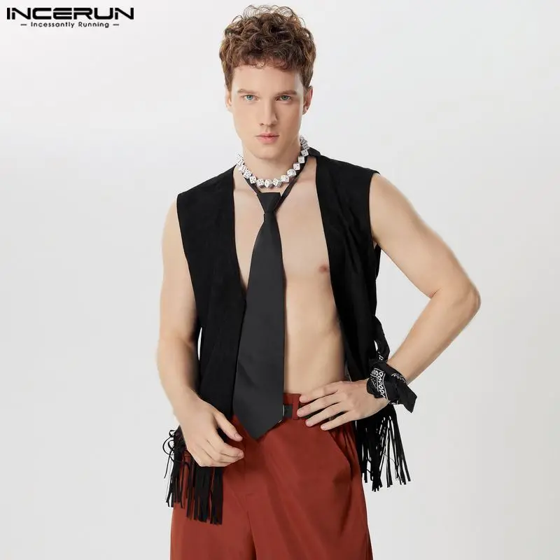 

INCERUN Tops 2024 American Style Summer New Men Suede Tassel Design Vests Casual Streetwear Male Solid Cardigan Waistcoats S-5XL