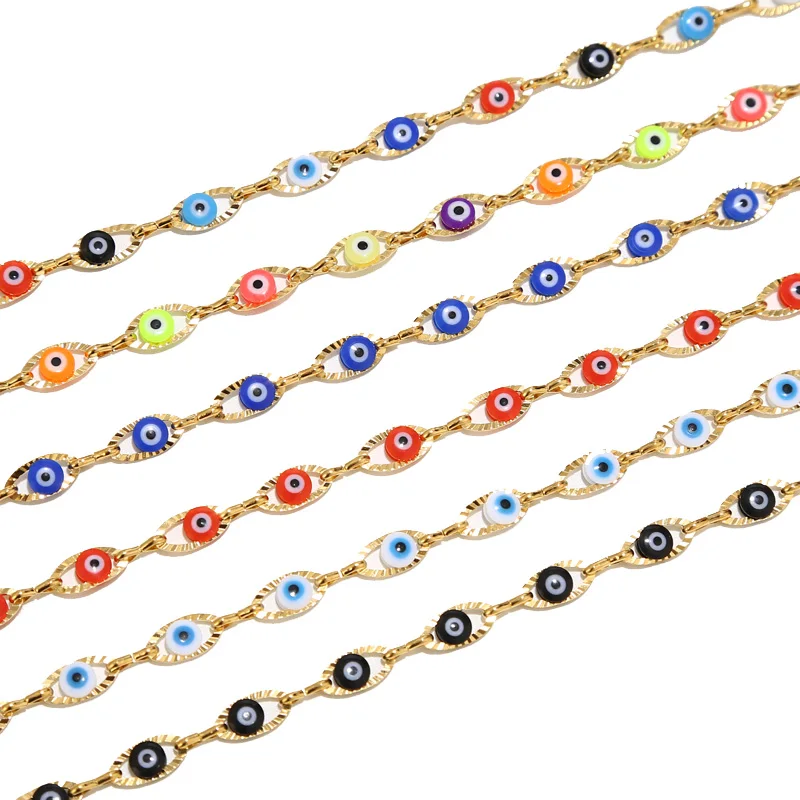 1 Meter Stainless Steel Gold White Blue Turkey Eye Charm Link Chains Eye Beaded Chain for DIY Jewelry Making