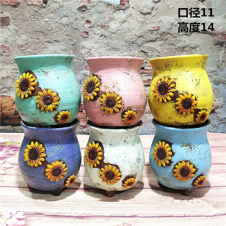 Korean Simple Fleshy Flower Pot Ceramic Hand-painted Fresh Thumb Pot Coarse Pottery Permeable Pot Peach Egg Flesh Flower