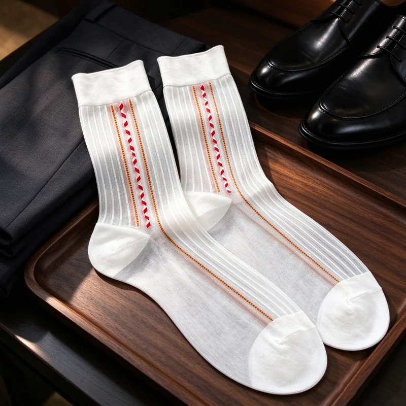 Men Ultra Thin Sheer Nylon Mid Calf Socks Vintage White Jacquard Vertical Striped Formal Business Dress Socks, Breathable Summer