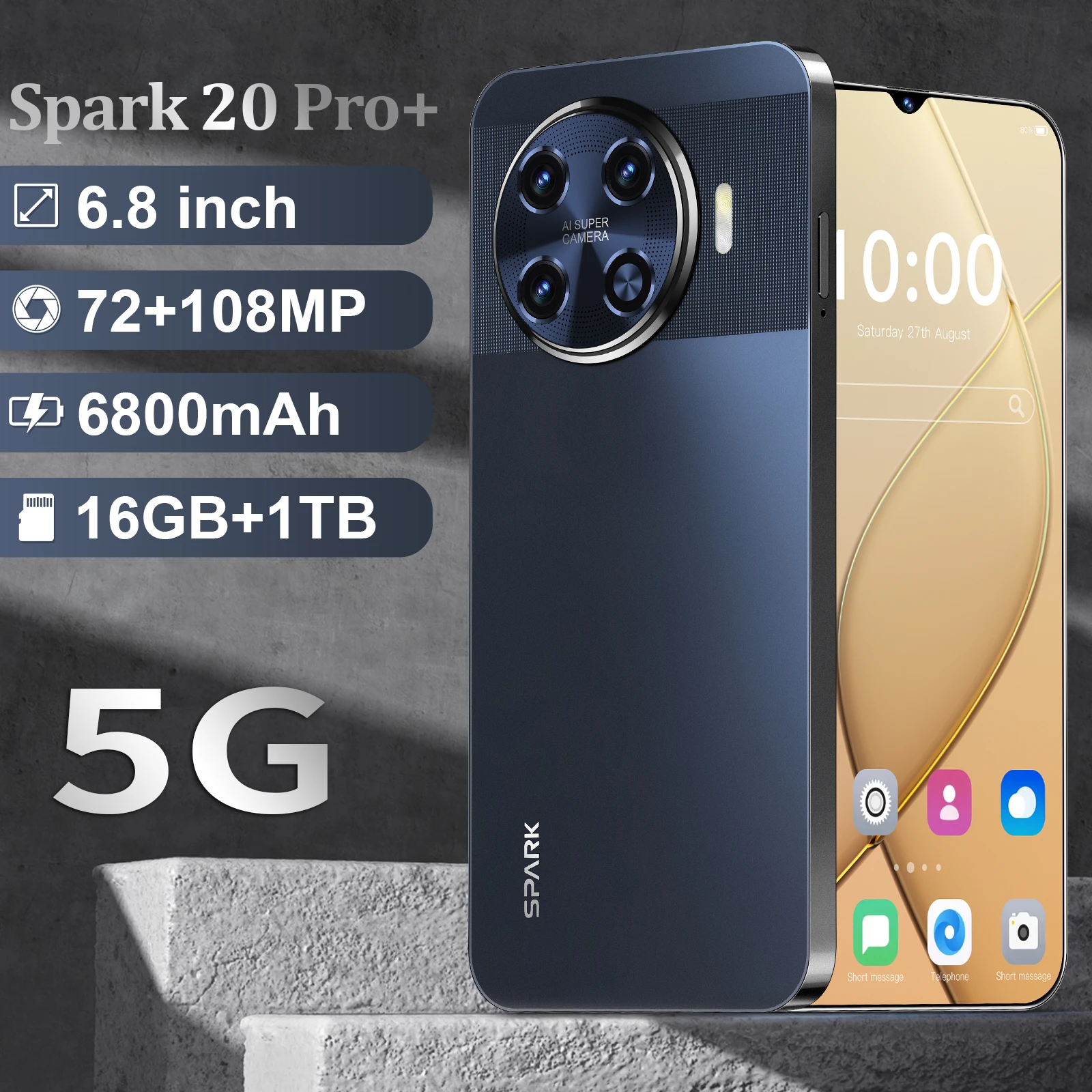 

Original Mobile Phones Deals Spark 20 Pro+ Smartphone 6.8 inch Full Screen 4G 5G Cell Phone 6800mAh Brand New Phones Global