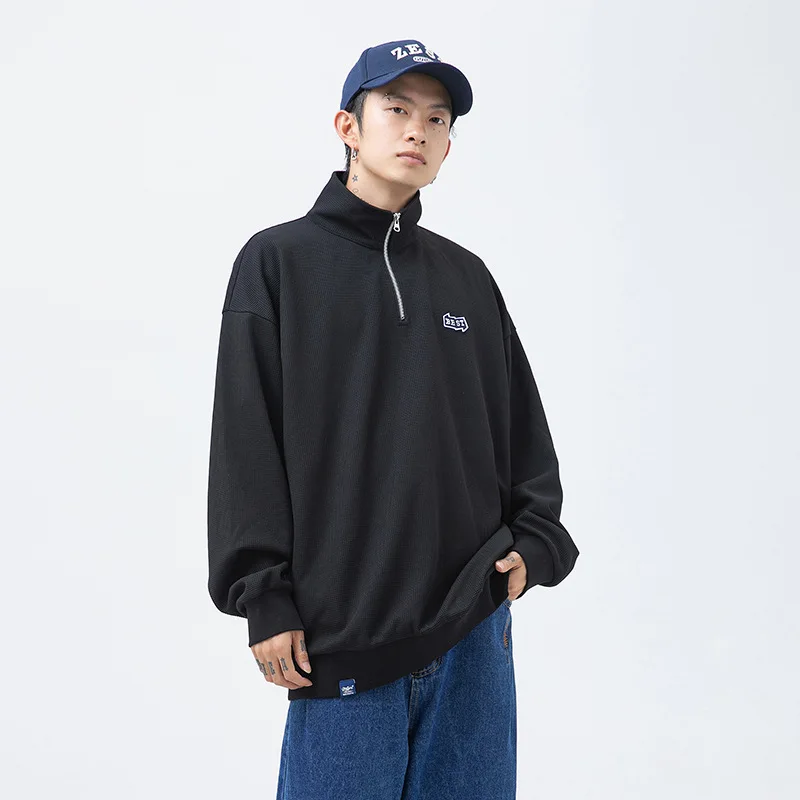 

Japanese Style Lapel Waffle Hoodie Men Autumn New Fashion Monogram Embroidered Long Sleeve Casual Coats High Quality Sweatshirts