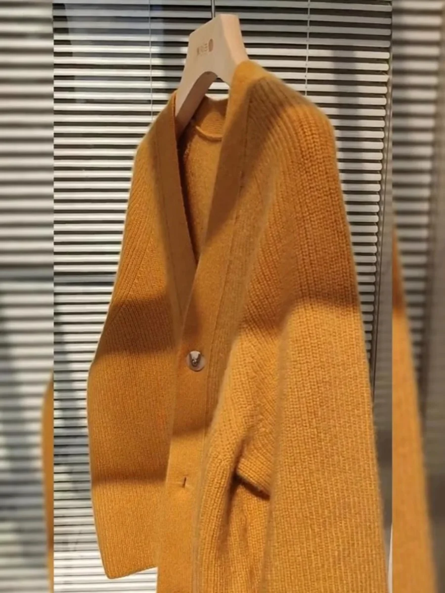 

Кардиган женский вязаный из кашемира Quzhou цвета карамели, с V-образным вырезом, осенне-зимний, очень красивый, свитер-жакет