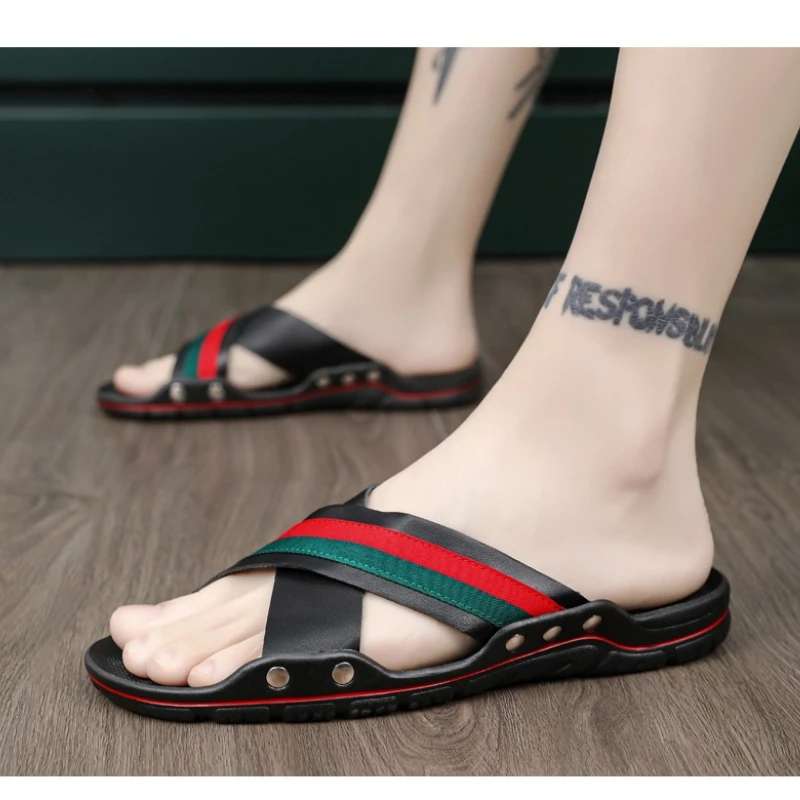 

Best-selling Summer New Large-sized Men's Color-blocked Fashionable Flat-heeled Classic Retro Style Beach Cross-laced Slipper