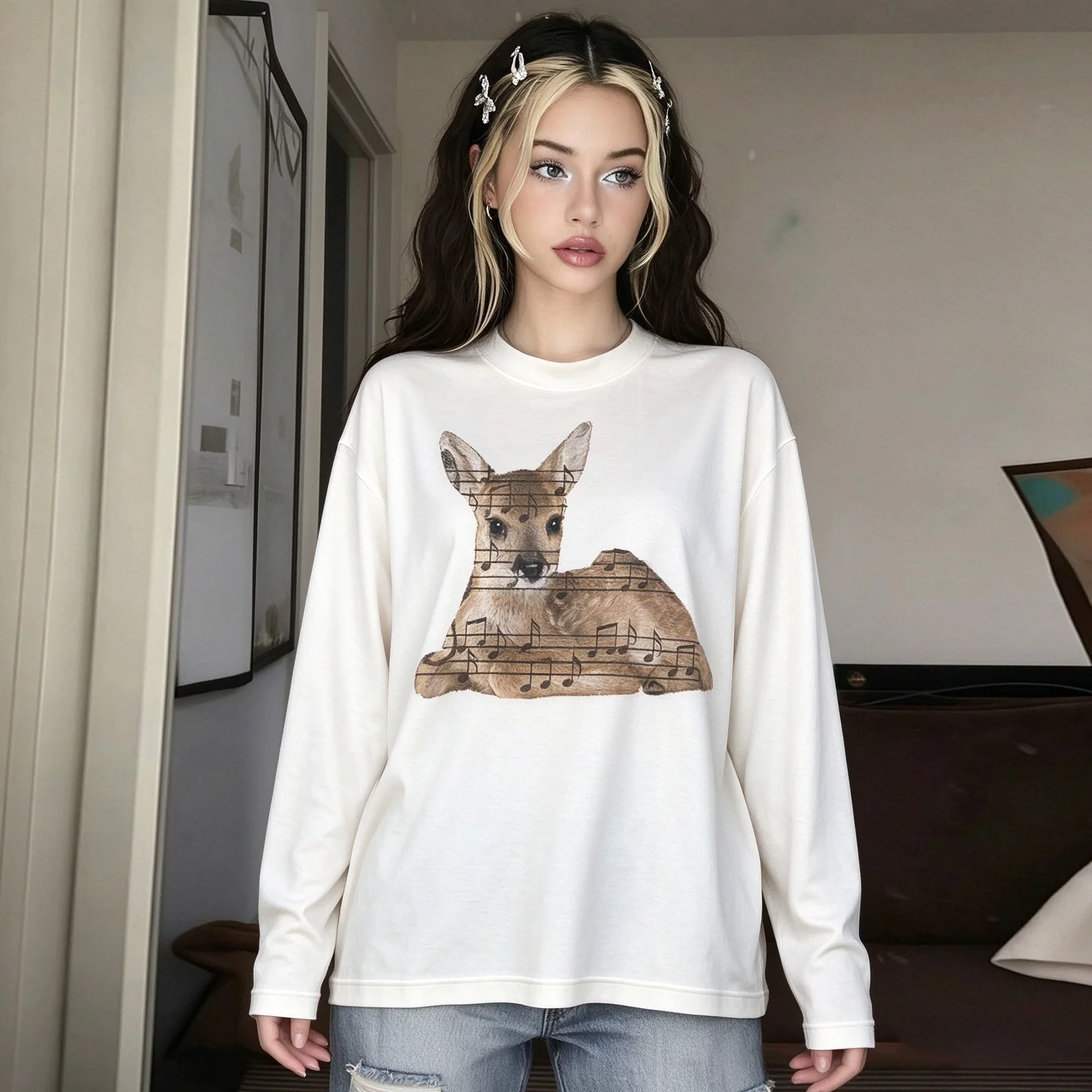 Women Fawn Deer Music Note Graphic Long Sleeve White Casual Streetwear Aesthetic Animal Print Top Autumn Winter Unisex Tee Shirt