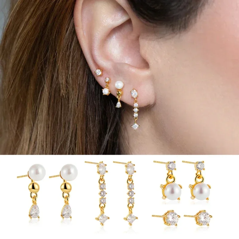 Luxury 4pair/set Cubic Zirconia Stud Earrings for Women Dainty Stackable Tiny Earring Pearl Piercing Ear Studs Exquisite Jewelry