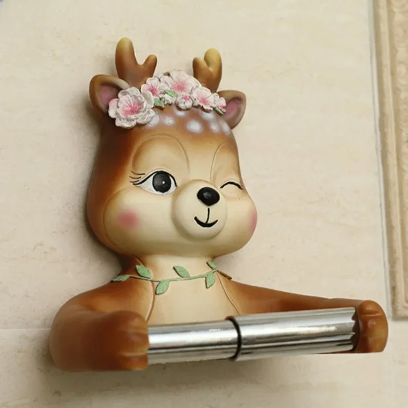 Multifunctional Punch-free Tissue Holder Bathroom Decor Accessories Wall-mounted Roll Holder Creative Resin Deer Tissue Box