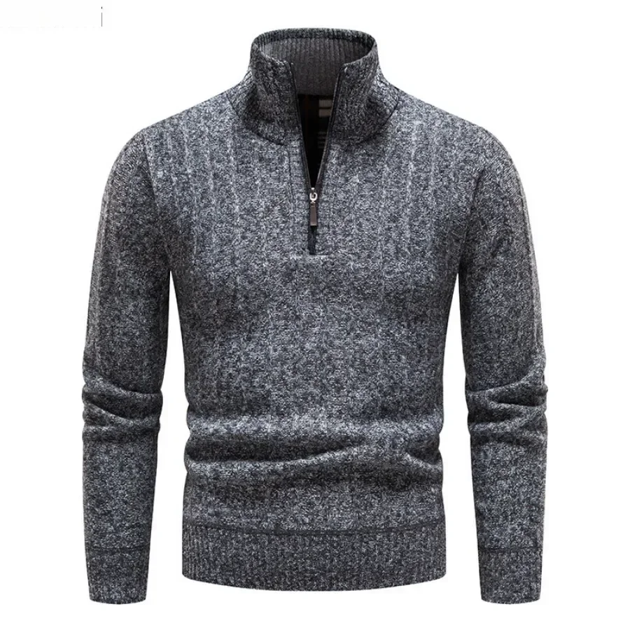 New  Men's Warm Swearters Fashion Half Zip Knitwear Pullovers Winter Thicker Fleece Solid Thermal Knitted Sweaters for Men