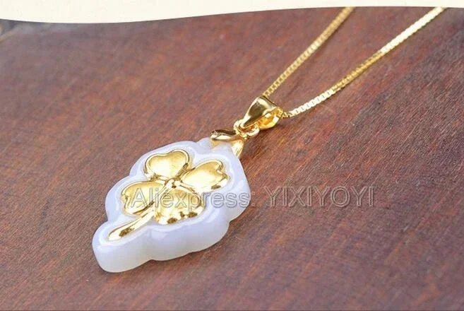Natural White Hetian Jade Solid Gold Inlaid Carved Heart Tree Leaf Lucky Pendant Chain Necklace Charm Gift Jewelry + Certificate