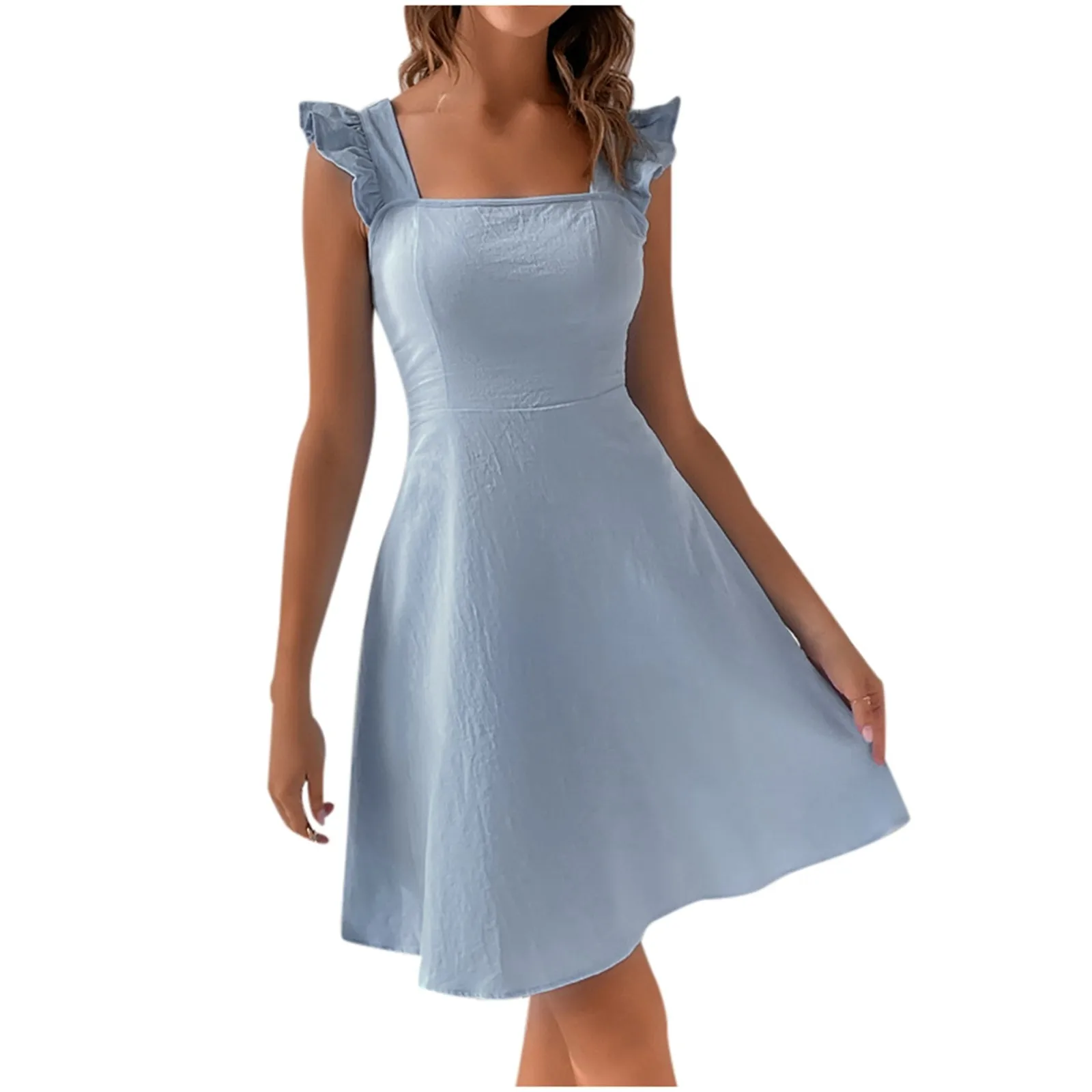 

Sexy A-Line Short Dress Sleeveless Bandage Backless Summer Dress Ruffles Square Neck Blue Sundresses Women