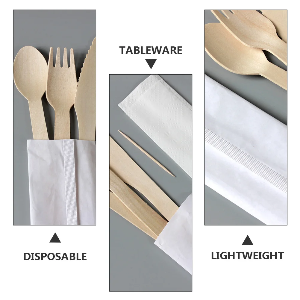 

1Set Wood Cutlery Fork Spoon Knives Set Disposable Biodegradable Party Tableware Portable Lightweight Supplies