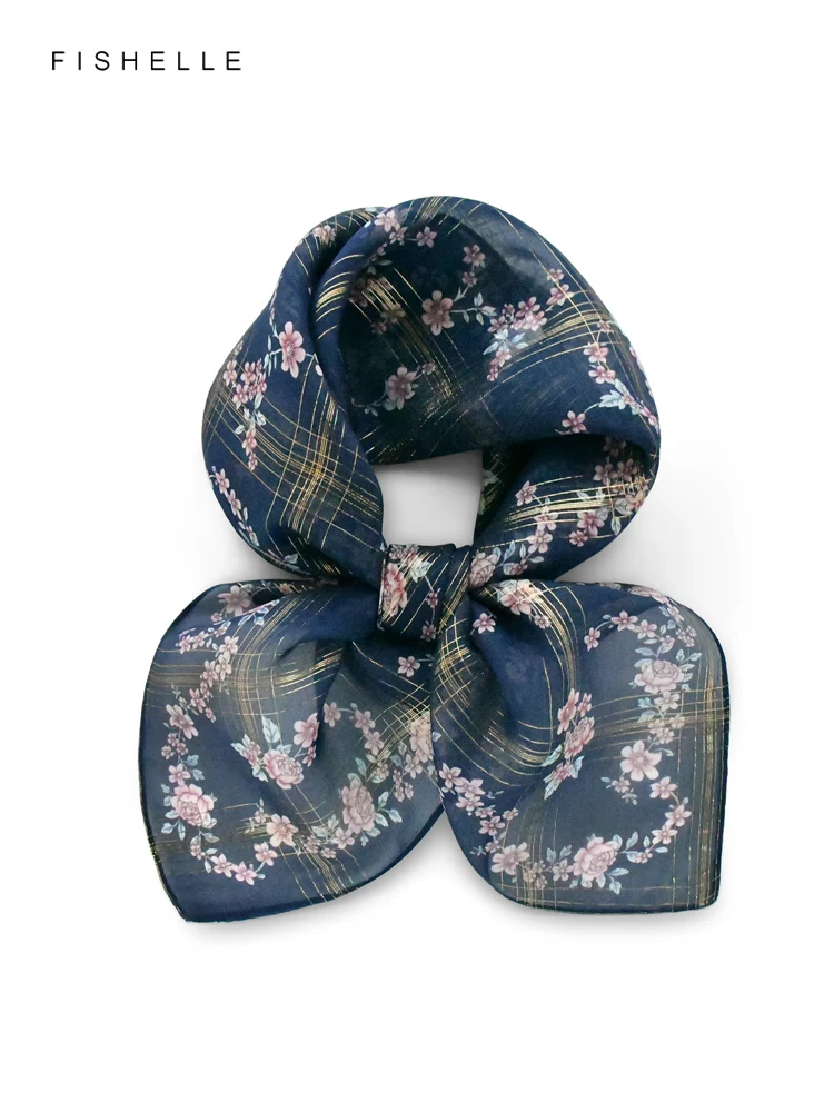 Dark blue flowers golden yarn chiffon 100% silk scarf female hijab headband women scarves thin wrap handkerchief shawl gifts