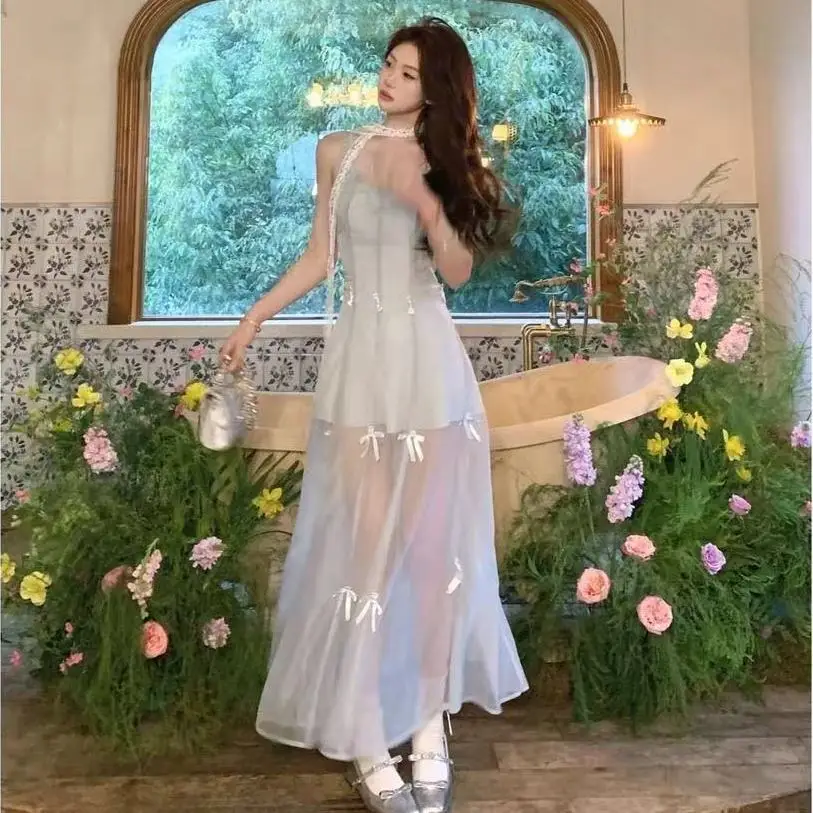 

Summer French Sweet Design Sense Dress Bow Lace Patchwork Slim Women Party Dresses New Fashion Harajuku Y2k Fairy Clothing 2025