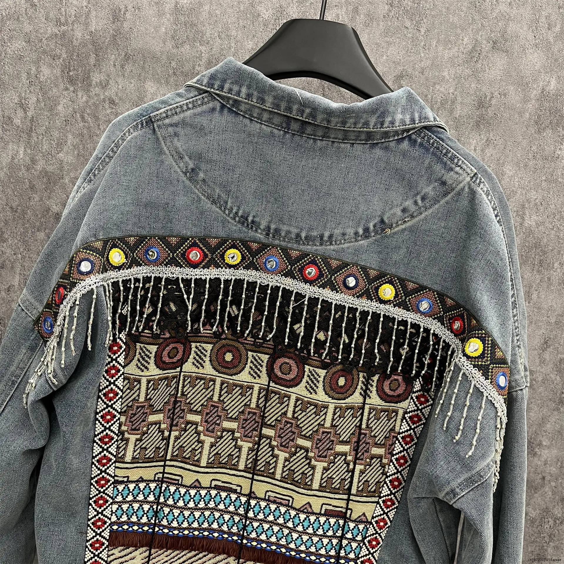 Long sleeve fringe Denim jacket coats autumn vintage ethnic appliques Embroidery tassel loose coat Outerwear jacket women