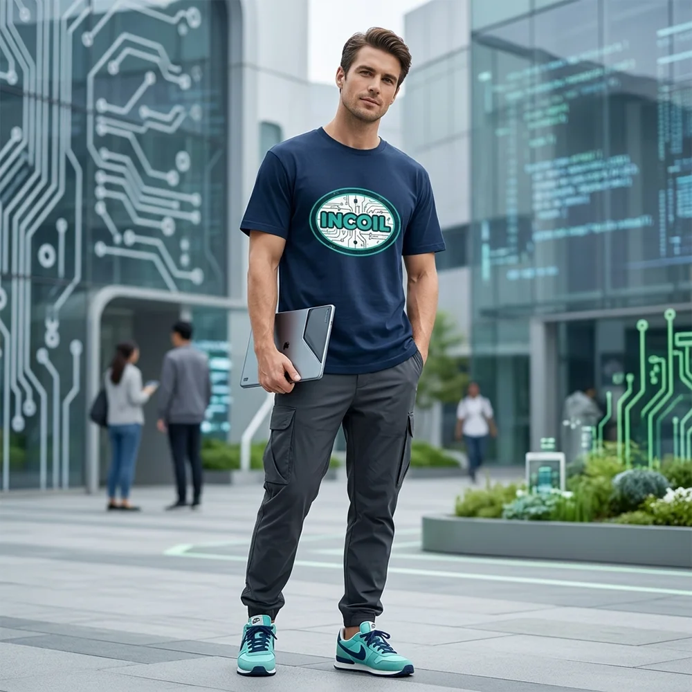Tech Office Wear Men - メンズTシャツ INCOIL サーキットボード グラフィック オーバルレタープリント ネイビーブルー