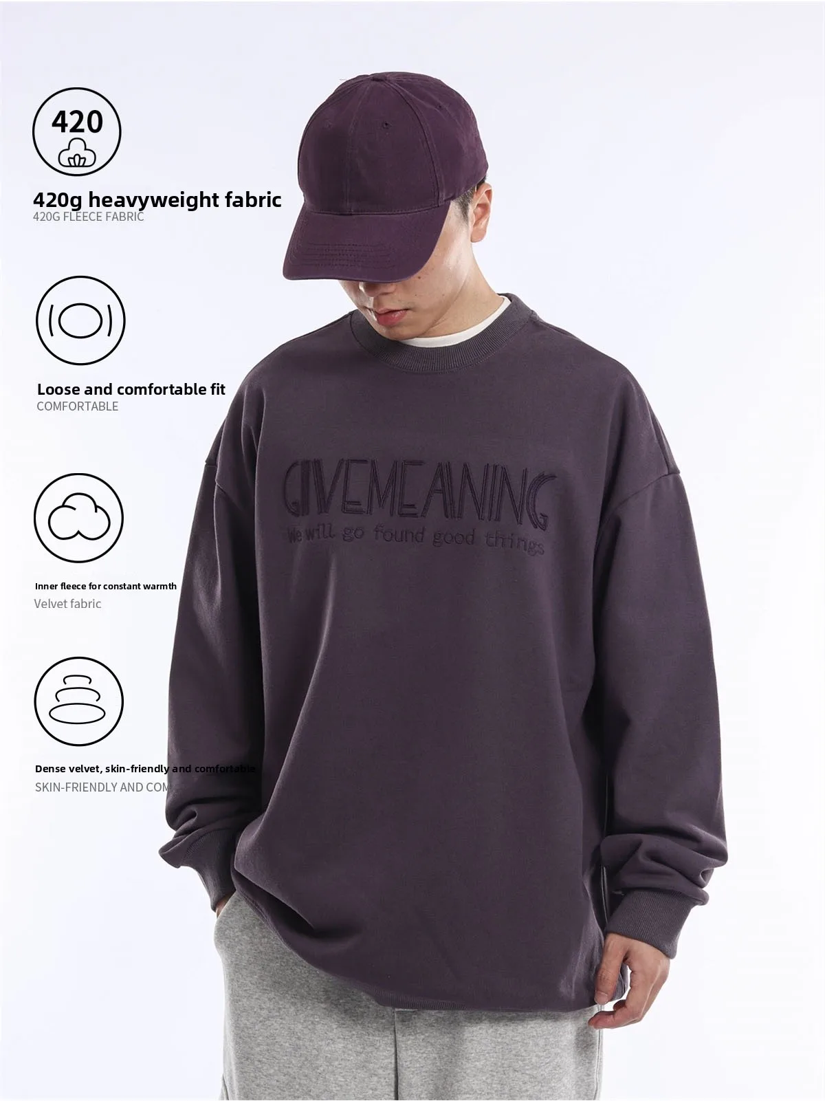 Warm Leather Feel 420G Embroidered Sweatshirt Loose Men's Outerwear Autumn Winter New Style Casual Comfortable Heat Generating