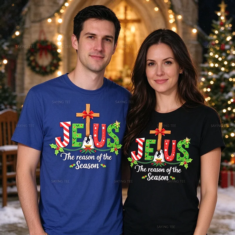 Jesus Is Reason of The Season Merry Xmas Christmas Holidays T-Shirt Y2k Christmas Party Clothes Soft Cotton Tee Shirts Novelty