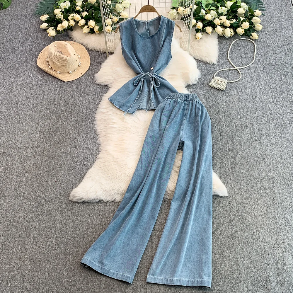 

Summer Jeans Two-piece Set Round Neck Split Lace-up Sleeveless Tops Wide Leg Pants Sets Retro Women Denim Suit