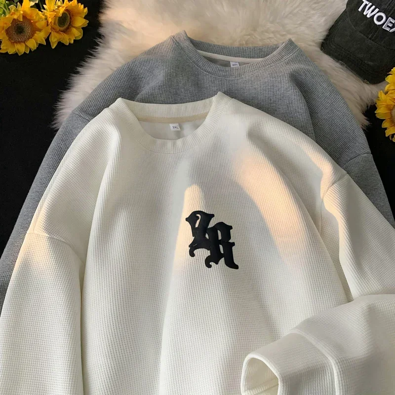 Men Sweatshirt High Street R Letter Print Oversize Waffle Pullovers Korean Style Streetwear Harajuku Clothing Y2K Sweatshirts