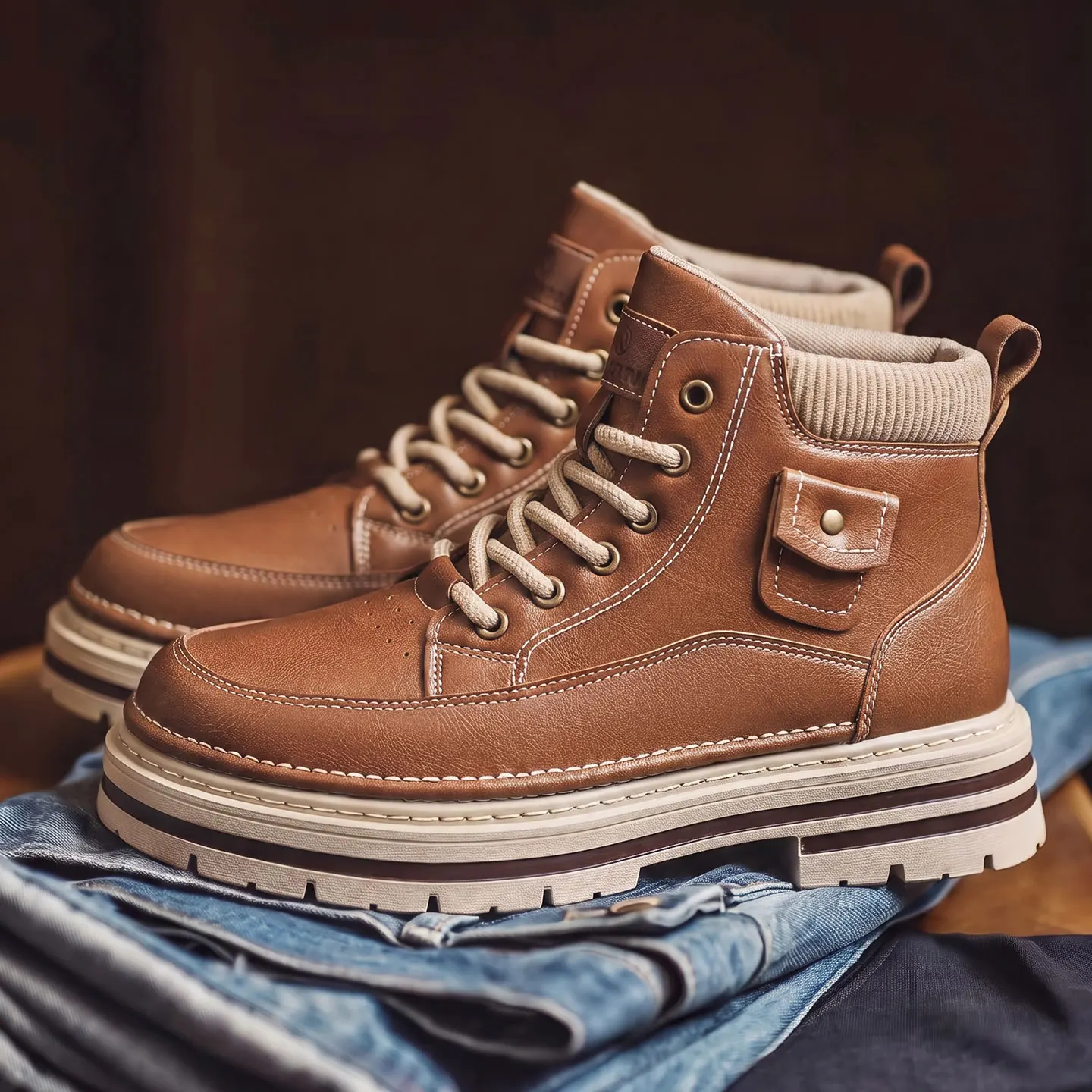 Mens Sports Shoes 2026 High Top Solid Colour Flat Footwear Fashion Running Sneakers Pu Leather Sports Ankle Boots Outdoor Rubber