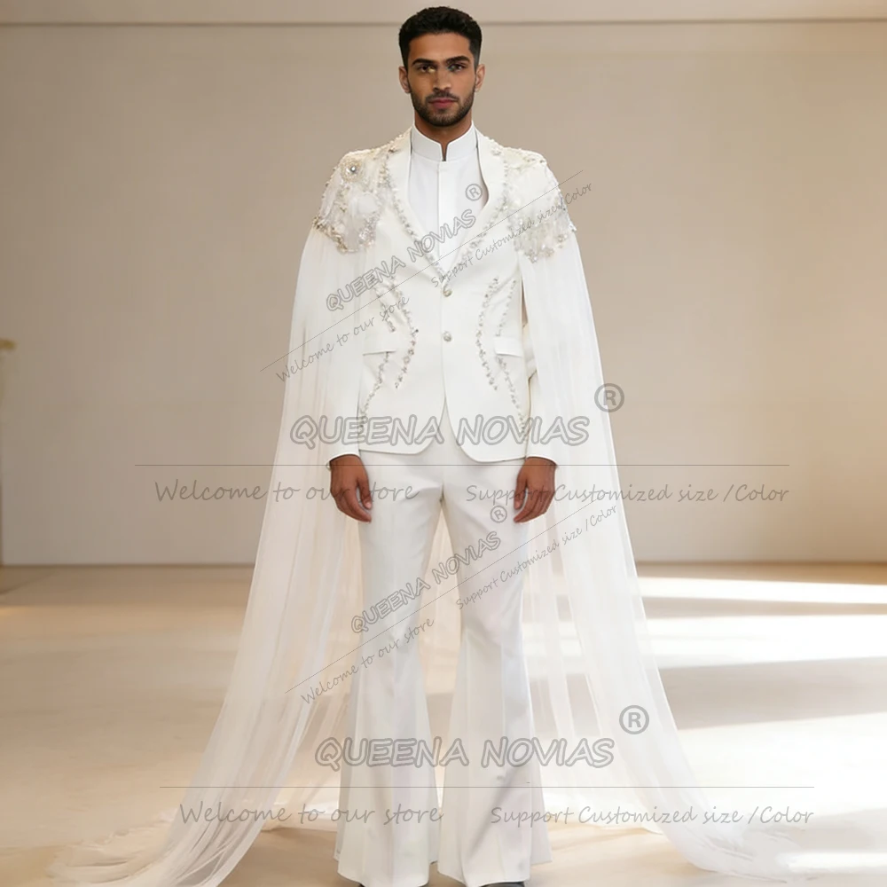 

Glittering Beaded Crystals Men's Suit Attire 2 Piece Jacket Pants Customized Groom Wedding Tuxedos With Cape trajes para hombre