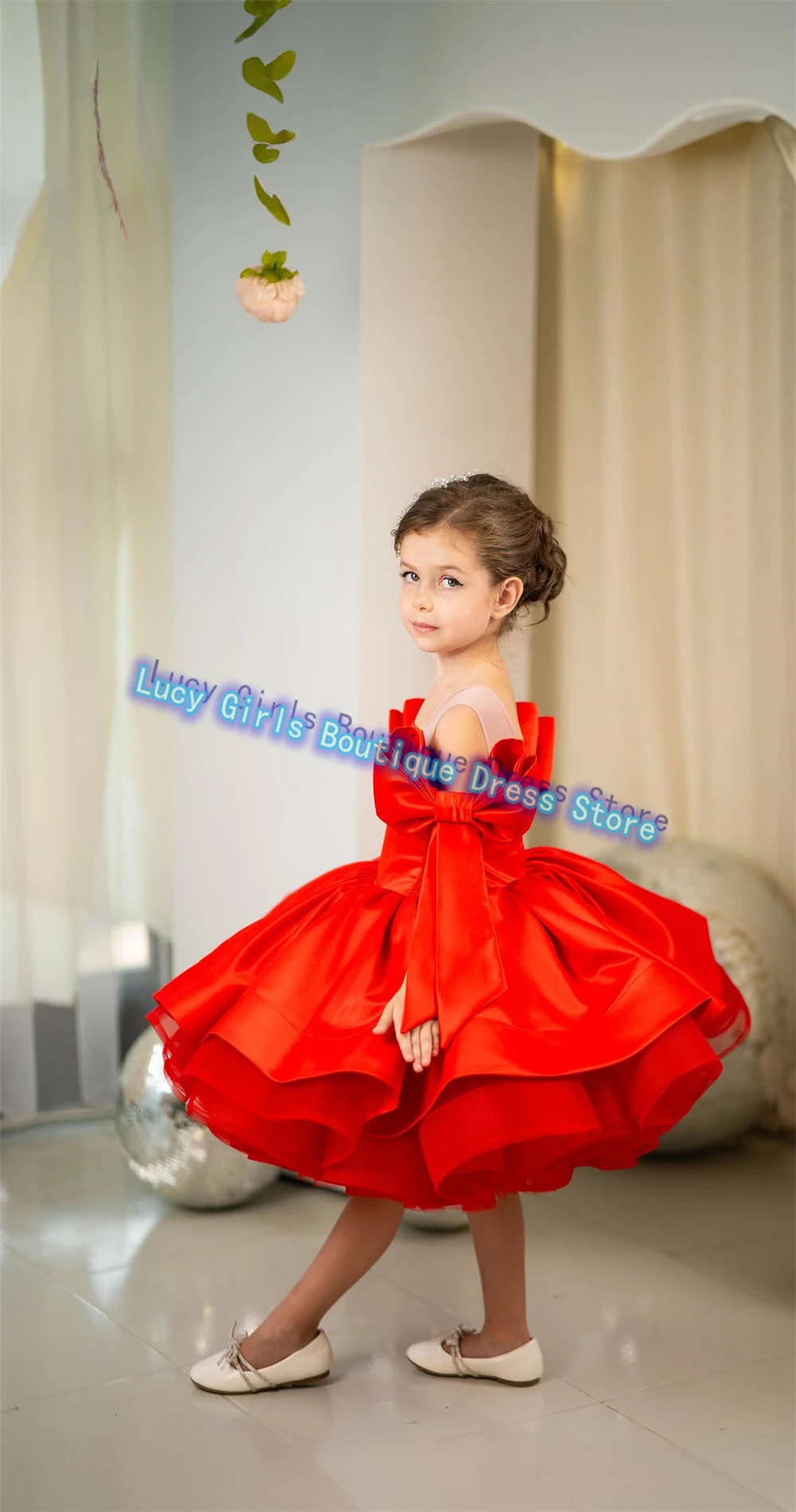 Lovely Flower Girl Dress Quality Princess Red Satin Fluffy For Evening Ball Banquet Gown Little Baby Girls Birthday Party Gowns