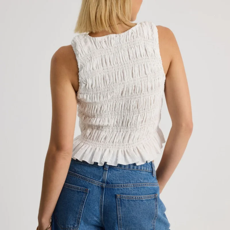 여성 Y2k 깅엄 스모크 탱크 탑 여름 민소매 프릴 밑단 셔링 셔츠 외출 탑 휴가 비치 의상