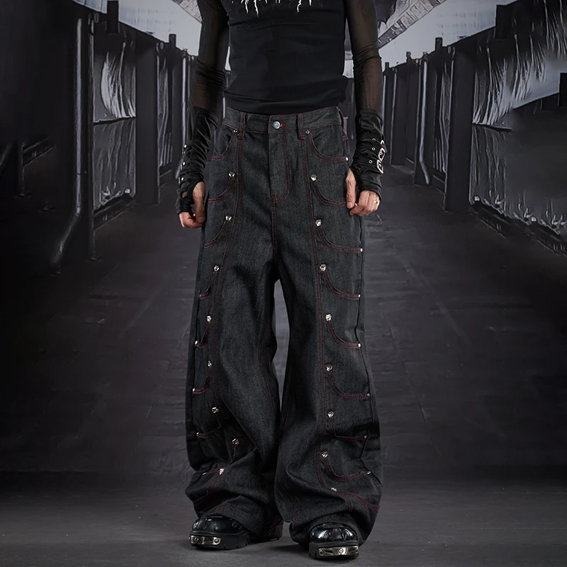 LUZHEN 2025 New Original Pockets Outline Rivet Metal Decorate Straight Jeans Men Stylish Personalized Street Denim Pants JY5301